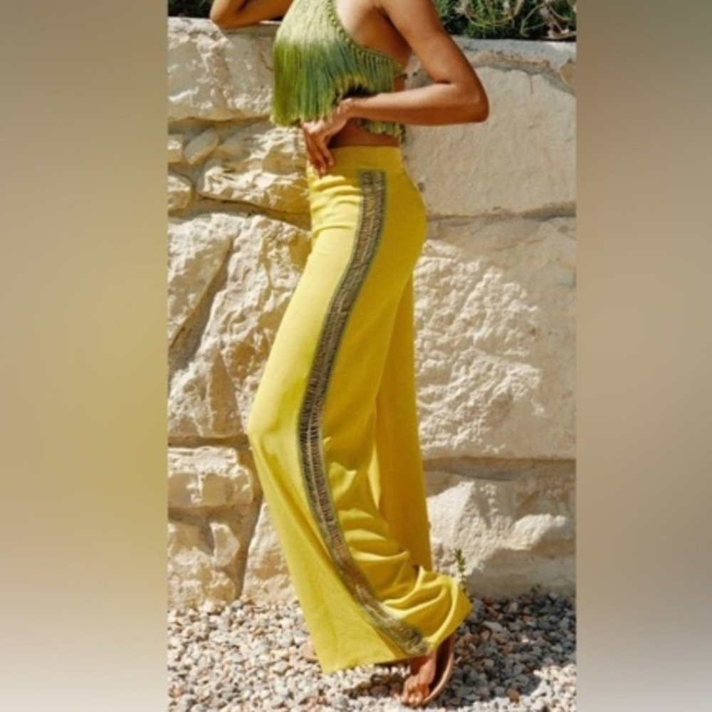 My Beachy Side‎ Begonia Chartreuse Yellow Beaded Side Wide Leg Pants Small NEW